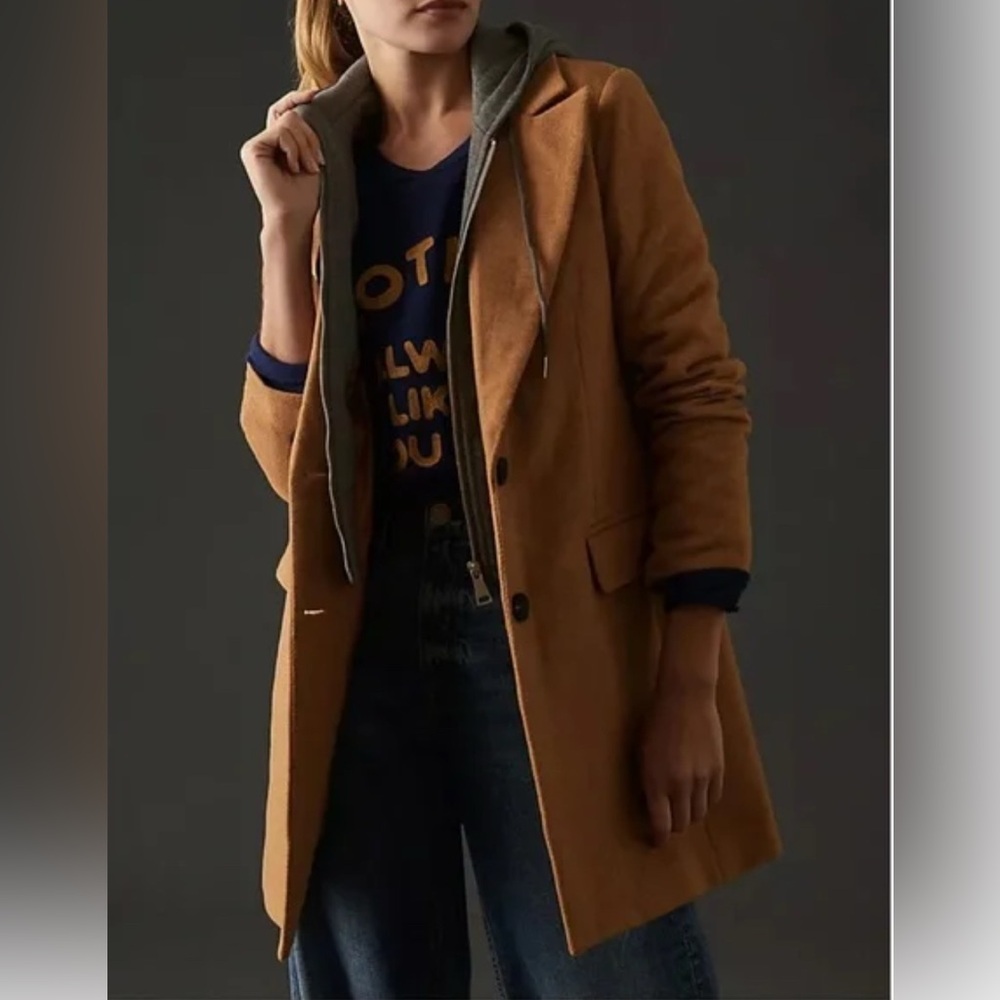 Anthropologie Avec Les Filles Camel Wool Blazer w/ Detachable Gray Hoodie Large